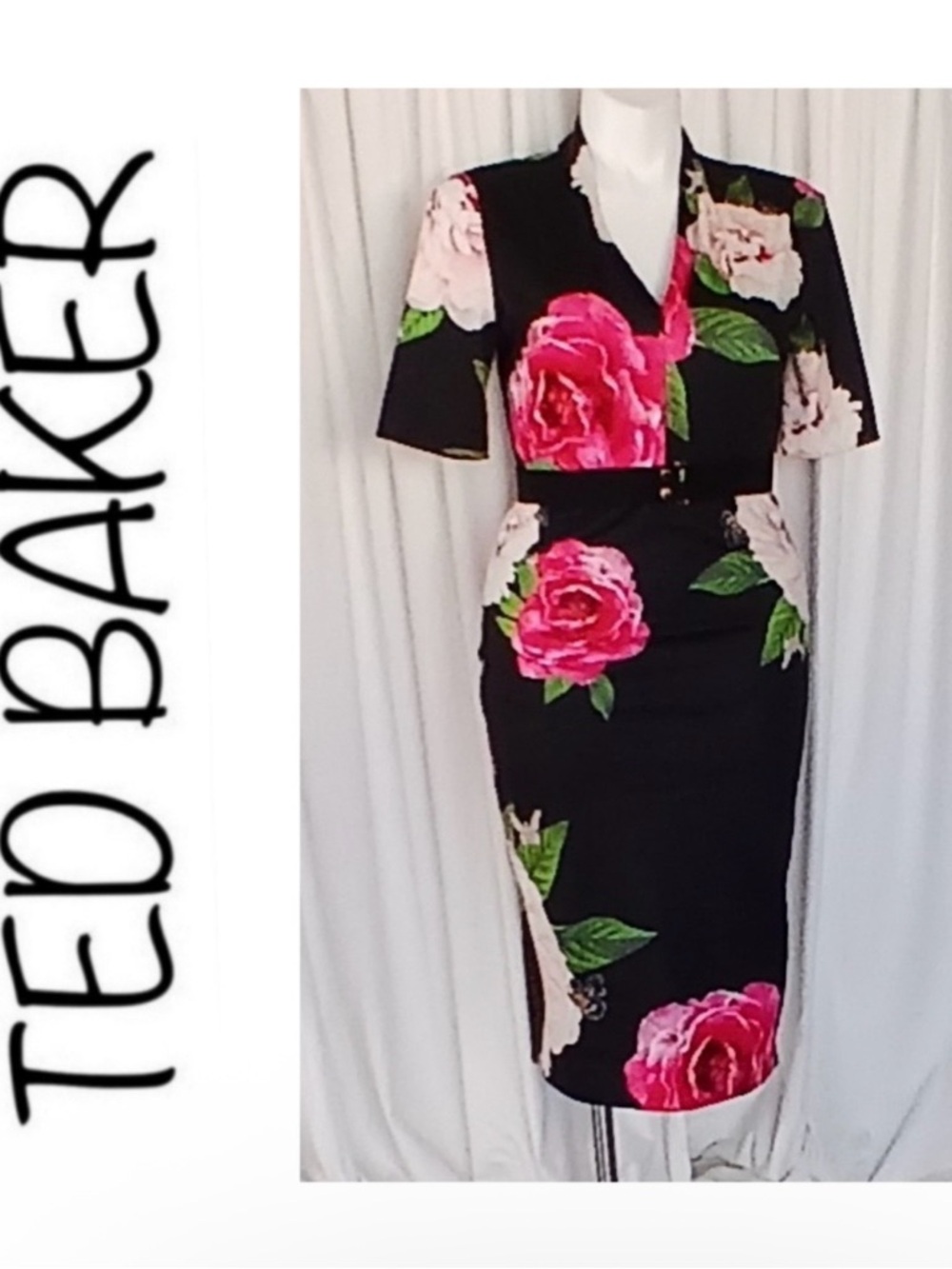 Ted Baker Black Midi Dress with Pink Rose Print